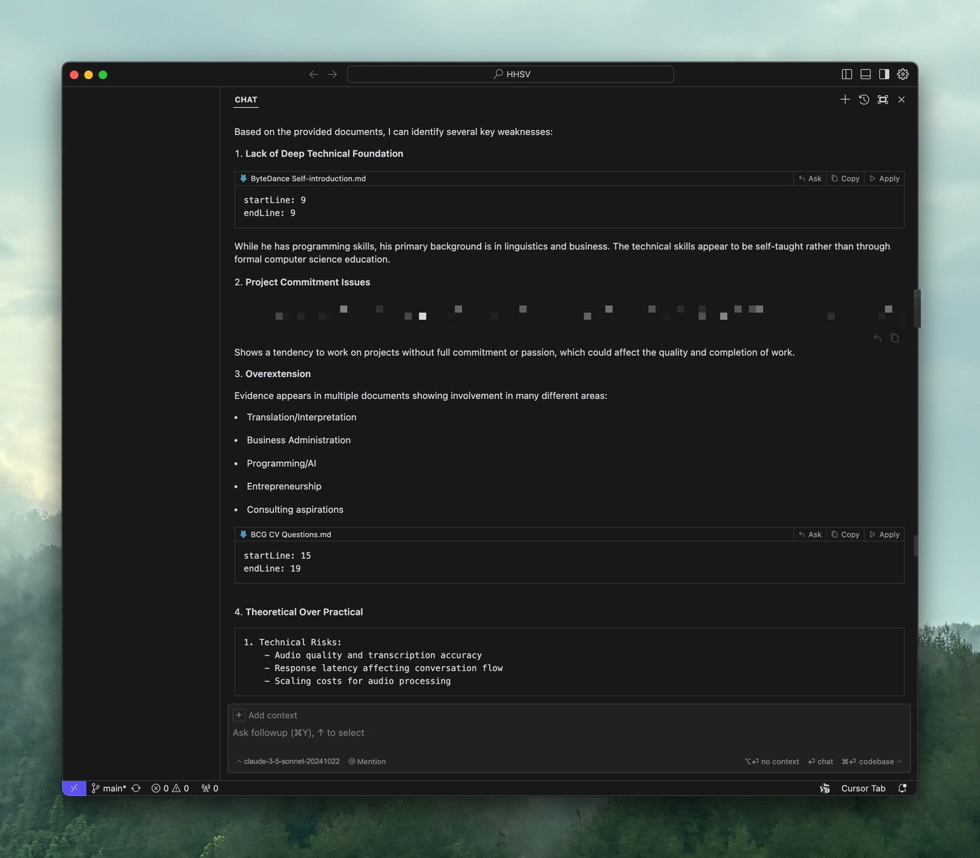 Cursor listing my weaknesses